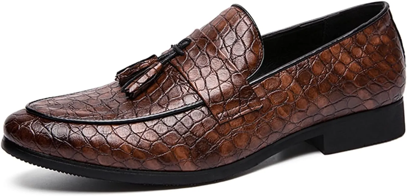 Men's Leather Tassel Slip-on Penny Loafers,Fashion Retro Print Business Formal Oxfords,Comfortable Non-Slip Classic Party Dress Shoes