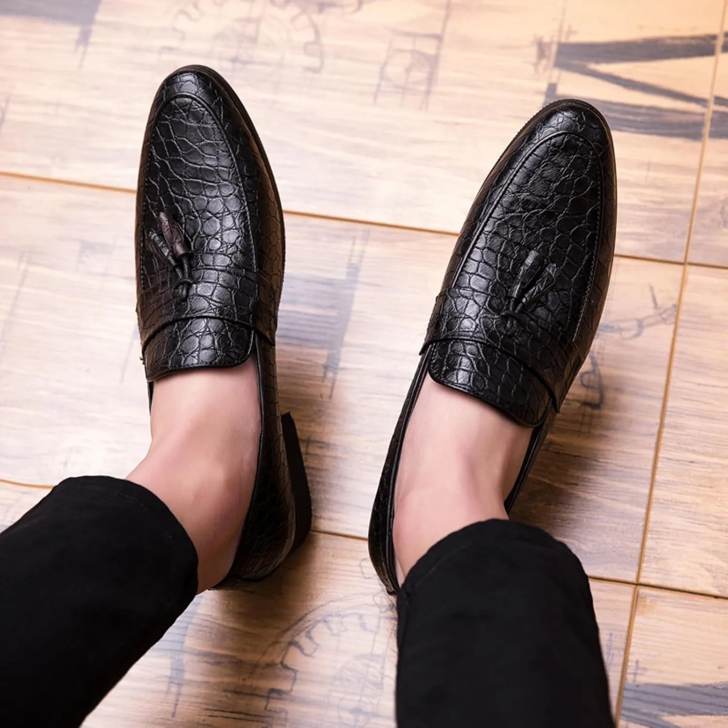 Men's Leather Tassel Slip-on Penny Loafers,Fashion Retro Print Business Formal Oxfords,Comfortable Non-Slip Classic Party Dress Shoes