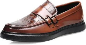 Men's PU Leather Croc-Embossed Double Monk Strap Loafers – Lightweight Slip-On, Flat Non-Slip Sole, Formal & Casual Driving Shoes