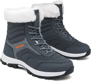 Men's Pu Waterproof Fur Lined Snow Boots Winter Warm Lace-Up Non-Slip Outdoor Warm Boots Suitable for Work Walking Hiking