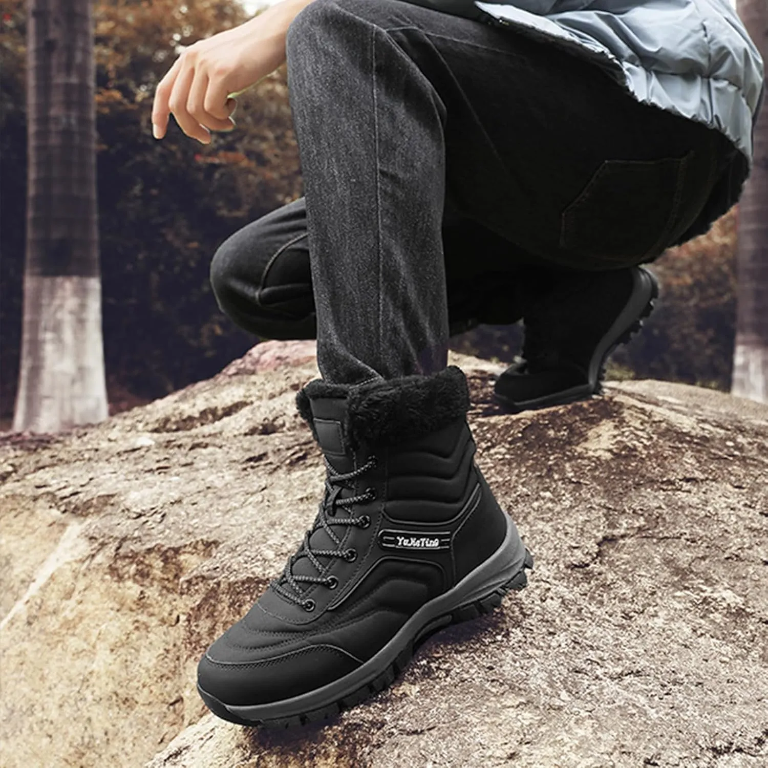 Men's Pu Waterproof Fur Lined Snow Boots Winter Warm Lace-Up Non-Slip Outdoor Warm Boots Suitable for Work Walking Hiking