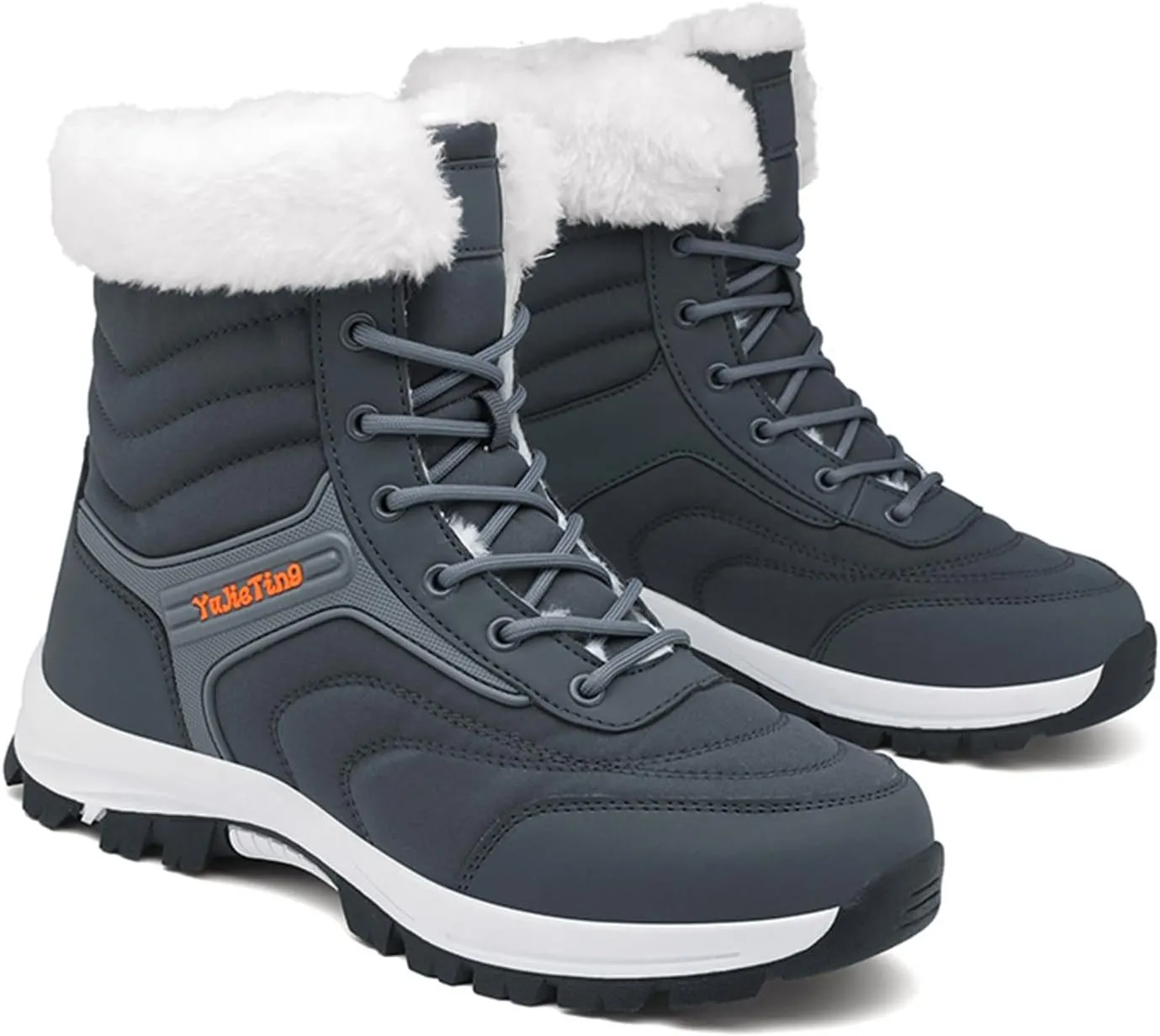 Men's Pu Waterproof Fur Lined Snow Boots Winter Warm Lace-Up Non-Slip Outdoor Warm Boots Suitable for Work Walking Hiking