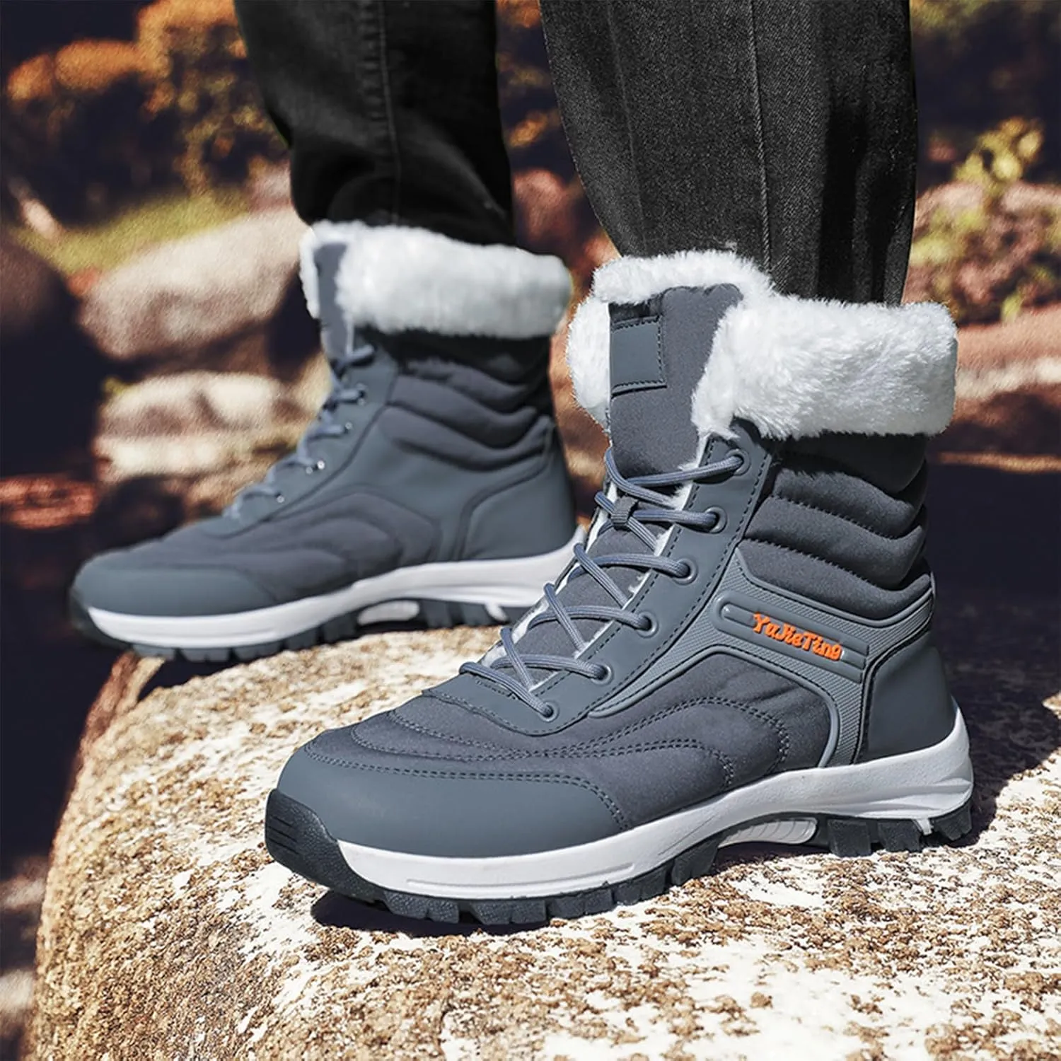 Men's Pu Waterproof Fur Lined Snow Boots Winter Warm Lace-Up Non-Slip Outdoor Warm Boots Suitable for Work Walking Hiking