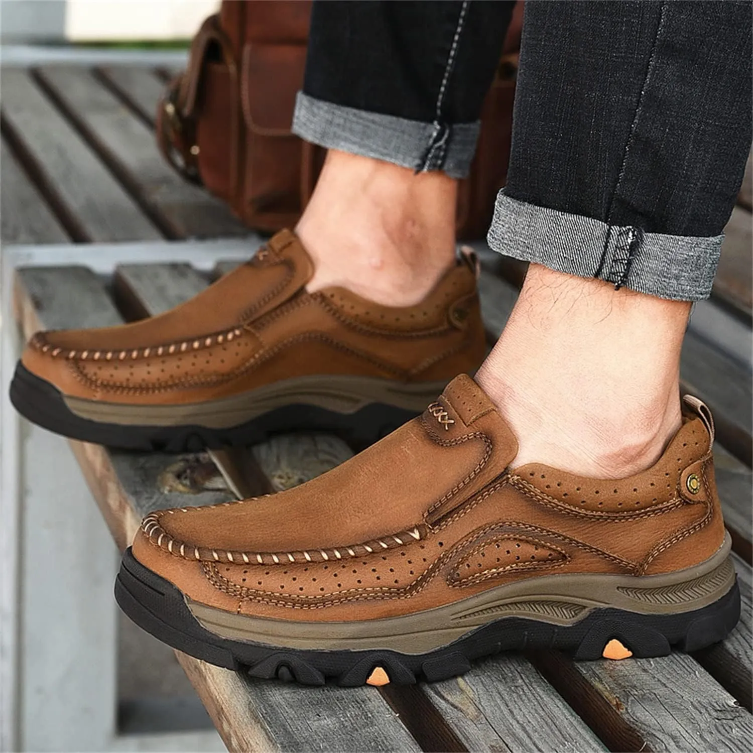 Mens Slip On Casual Loafers Classic Outdoor Leather Walking Hiking Shoes Comfortable for Work Office Dress Outdoor