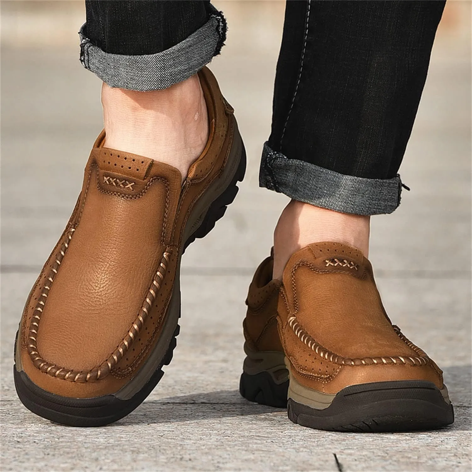 Mens Slip On Casual Loafers Classic Outdoor Leather Walking Hiking Shoes Comfortable for Work Office Dress Outdoor