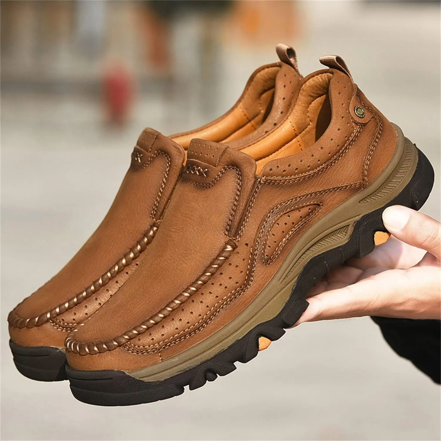 Mens Slip On Casual Loafers Classic Outdoor Leather Walking Hiking Shoes Comfortable for Work Office Dress Outdoor