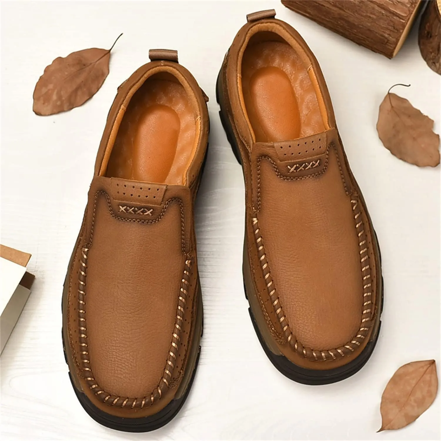Mens Slip On Casual Loafers Classic Outdoor Leather Walking Hiking Shoes Comfortable for Work Office Dress Outdoor