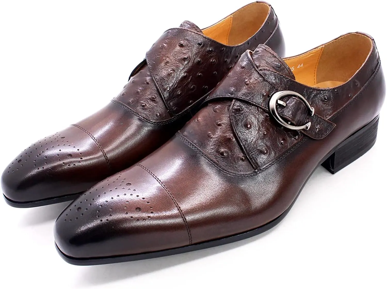 Men's Vintage Dress Loafers Genuine Leather Monk Shoes Buckle Strap Slip-on Loafer Office Party Brogues,Brown-42
