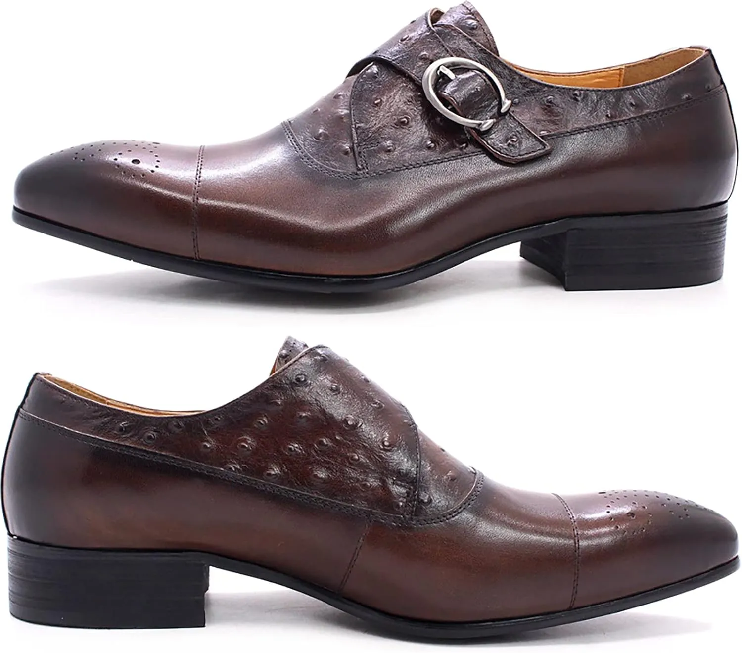 Men's Vintage Dress Loafers Genuine Leather Monk Shoes Buckle Strap Slip-on Loafer Office Party Brogues,Brown-42