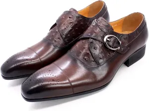 Men's Vintage Dress Loafers Genuine Leather Monk Shoes Buckle Strap Slip-on Loafer Office Party Brogues,Brown-42