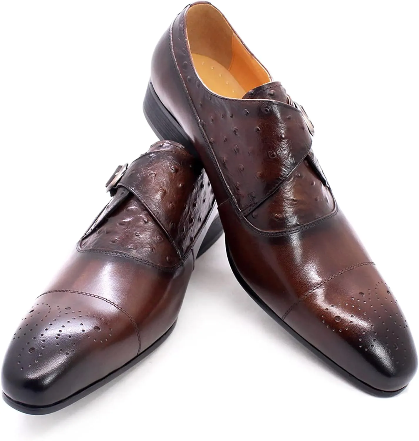 Men's Vintage Dress Loafers Genuine Leather Monk Shoes Buckle Strap Slip-on Loafer Office Party Brogues,Brown-42