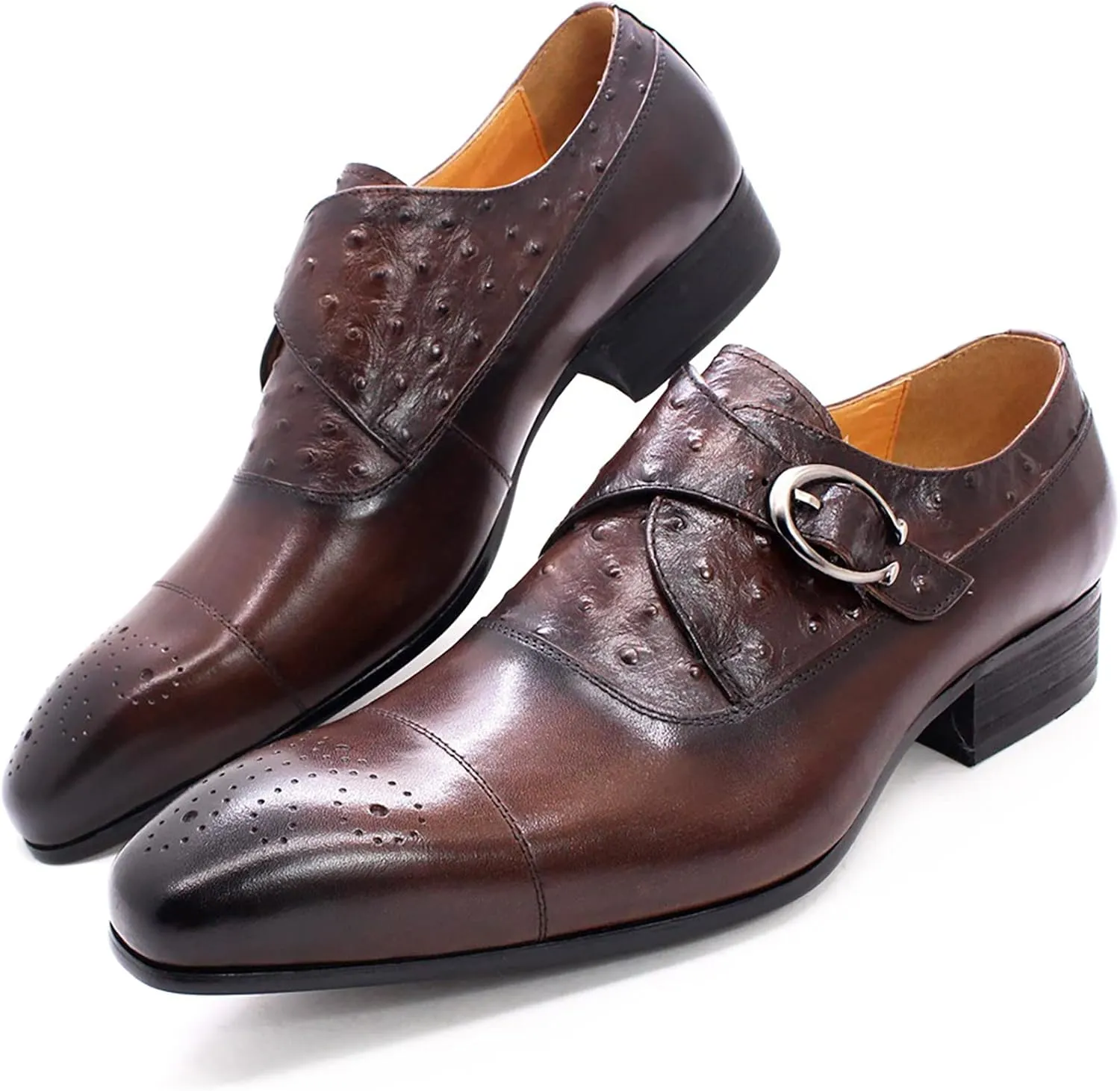 Men's Vintage Dress Loafers Genuine Leather Monk Shoes Buckle Strap Slip-on Loafer Office Party Brogues,Brown-42