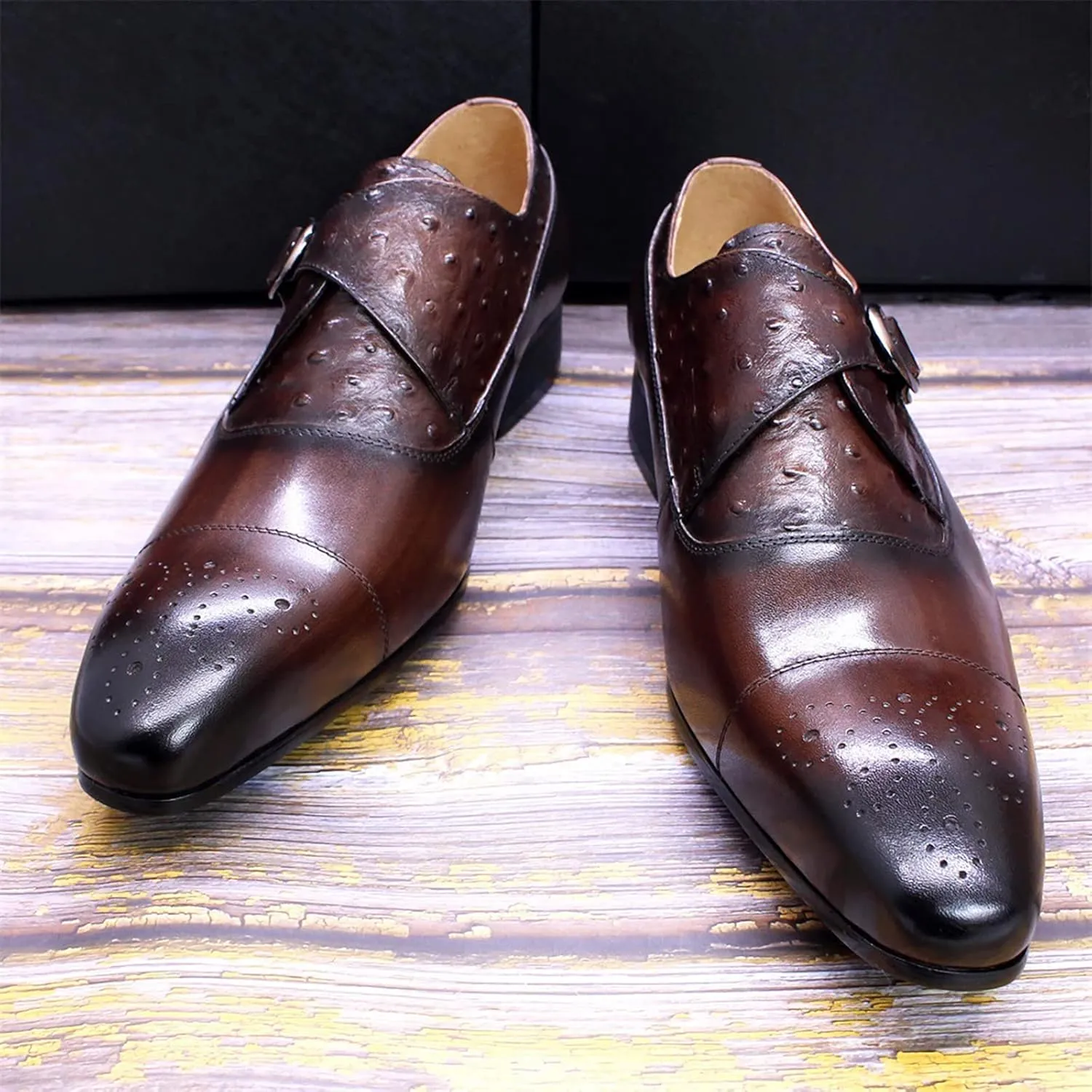 Men's Vintage Dress Loafers Genuine Leather Monk Shoes Buckle Strap Slip-on Loafer Office Party Brogues,Brown-42