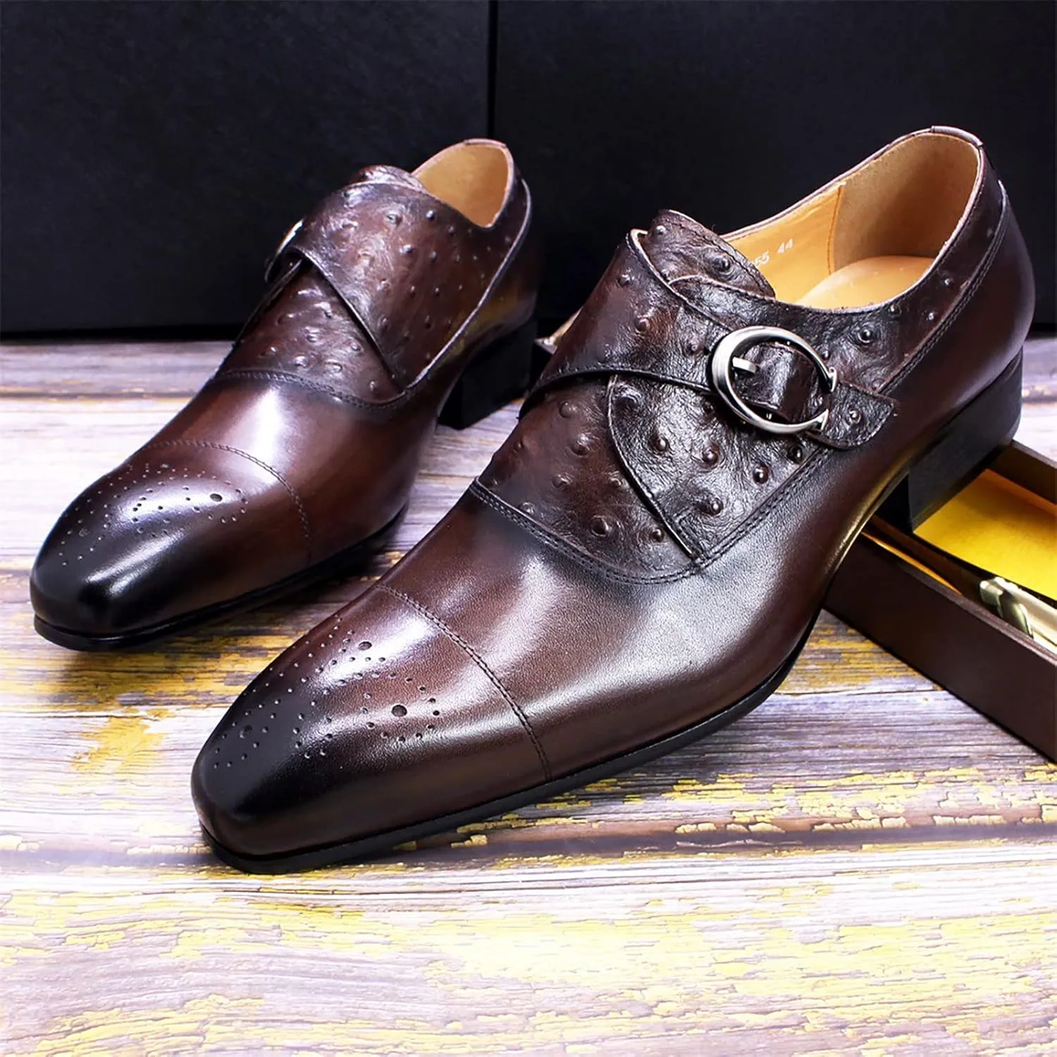 Men's Vintage Dress Loafers Genuine Leather Monk Shoes Buckle Strap Slip-on Loafer Office Party Brogues,Brown-42