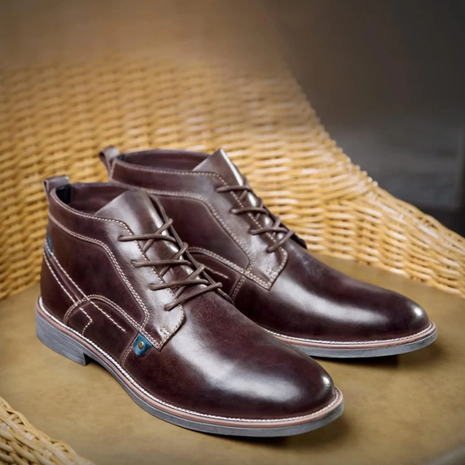 Men's Vintage Genuine Leather Ankle Boots Lace-Up Motorcycle ChUSka Boots