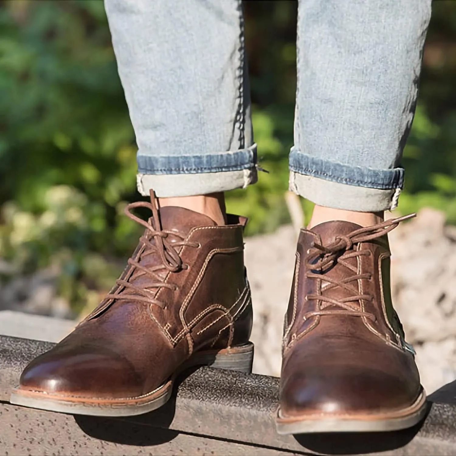Men's Vintage Genuine Leather Ankle Boots Lace-Up Motorcycle ChUSka Boots