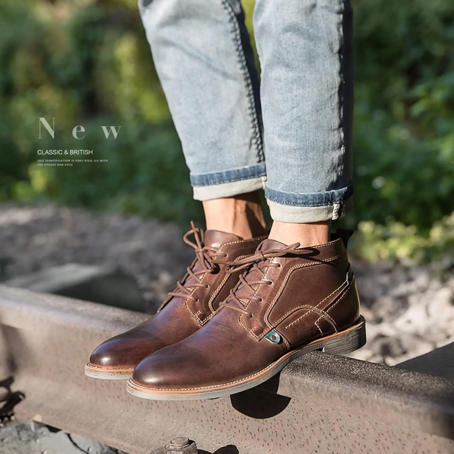 Men's Vintage Genuine Leather Ankle Boots Lace-Up Motorcycle ChUSka Boots