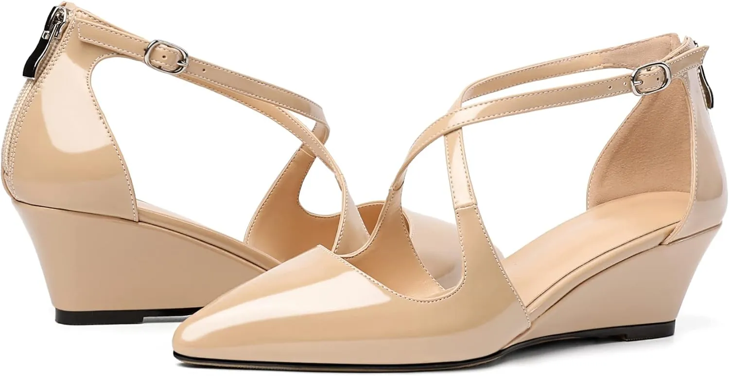 Mettesally Women's Wedges Heels Criss Cross Heeled Sandals Pointed Toe Ankle Strap Heel Pumps Fashion Dress Shoes