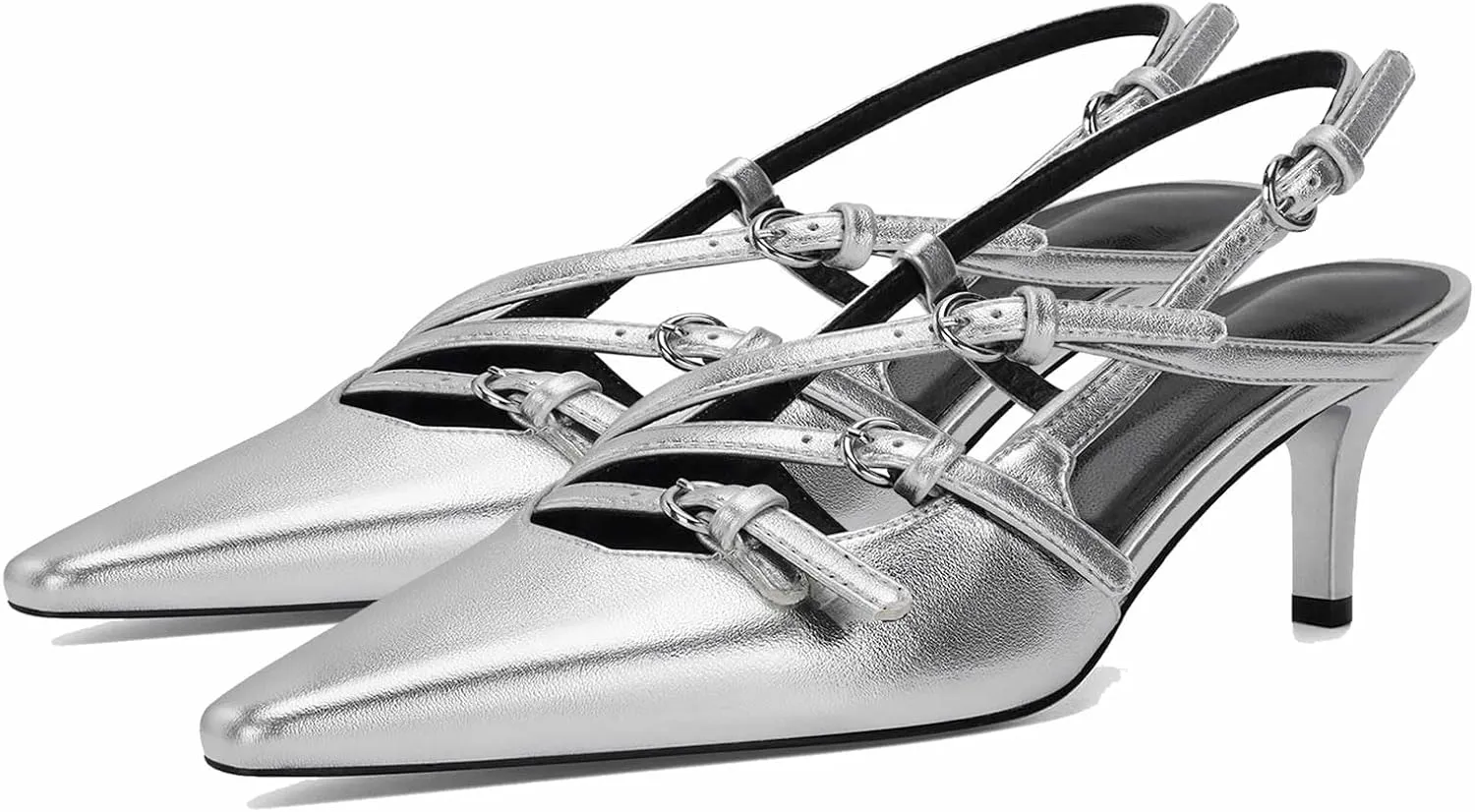 MICIFA Slingback Kitten Heels for Women Pointed Toe Stiletto Heels Slip On Pumps with Buckled Straps Dress Work Heeled Sandals