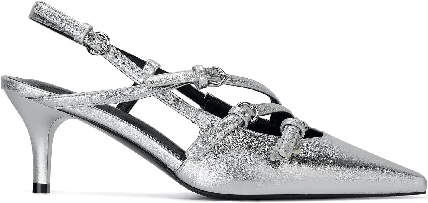 MICIFA Slingback Kitten Heels for Women Pointed Toe Stiletto Heels Slip On Pumps with Buckled Straps Dress Work Heeled Sandals