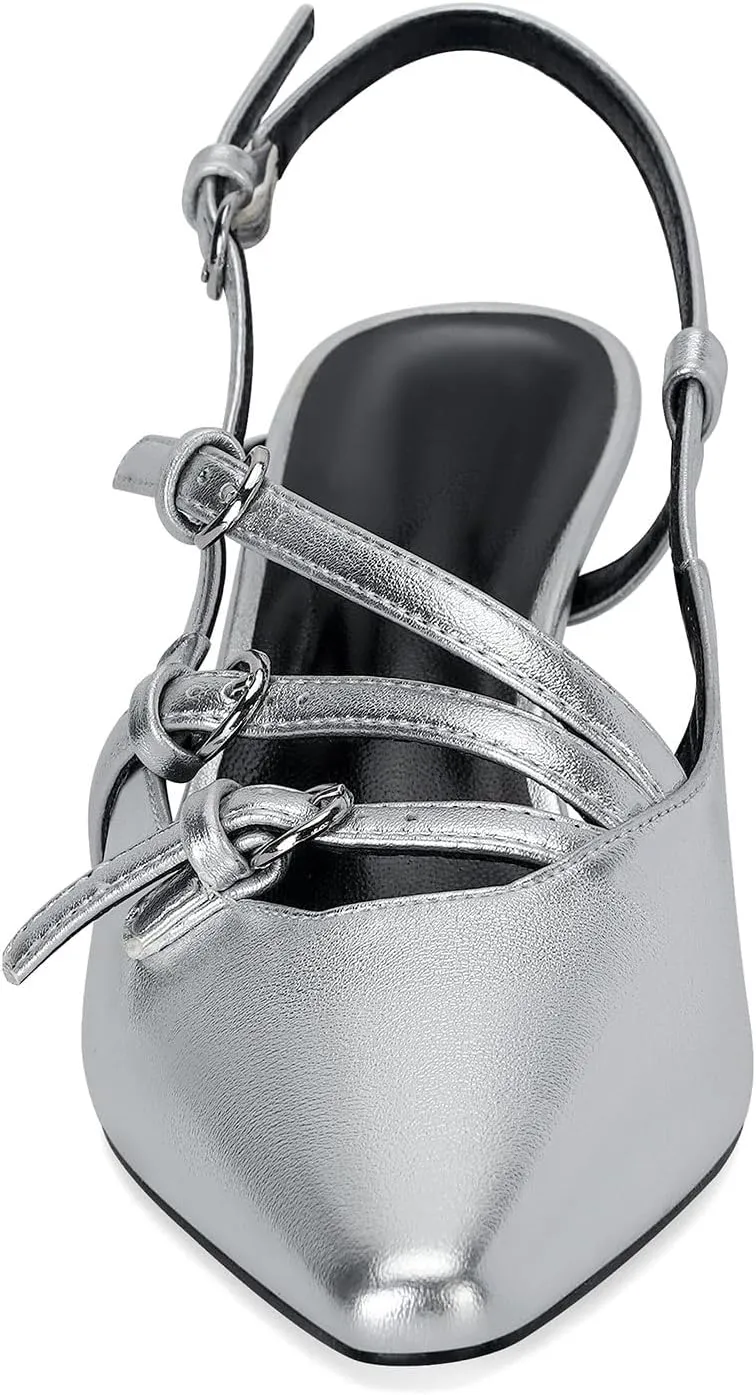 MICIFA Slingback Kitten Heels for Women Pointed Toe Stiletto Heels Slip On Pumps with Buckled Straps Dress Work Heeled Sandals