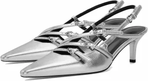 MICIFA Slingback Kitten Heels for Women Pointed Toe Stiletto Heels Slip On Pumps with Buckled Straps Dress Work Heeled Sandals
