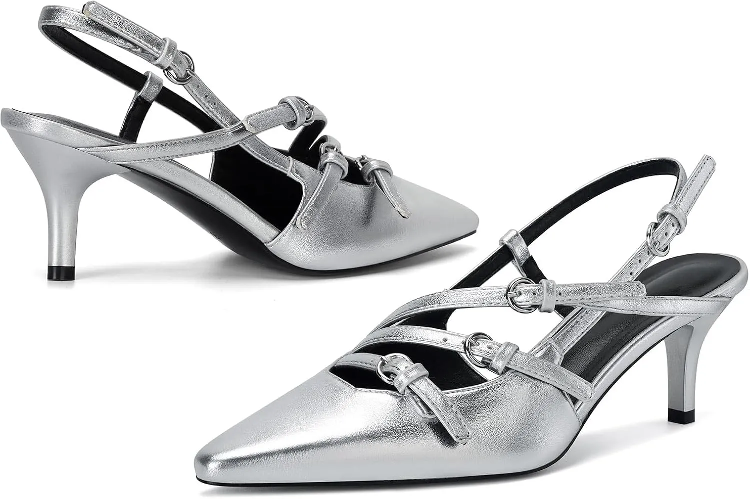 MICIFA Slingback Kitten Heels for Women Pointed Toe Stiletto Heels Slip On Pumps with Buckled Straps Dress Work Heeled Sandals