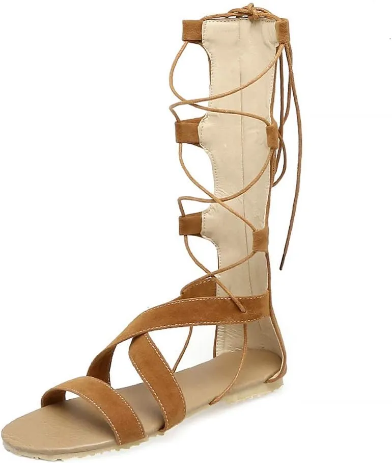 MIOKE Women Gladiator Knee High Flat Sandals Lace Up Crisscross Strappy Open Toe Summer Roman Boots Shoes