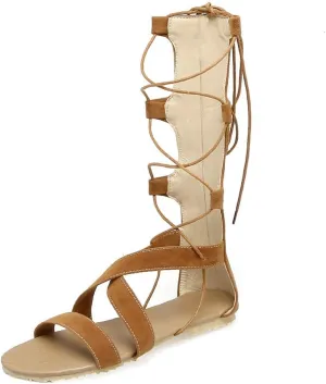 MIOKE Women Gladiator Knee High Flat Sandals Lace Up Crisscross Strappy Open Toe Summer Roman Boots Shoes