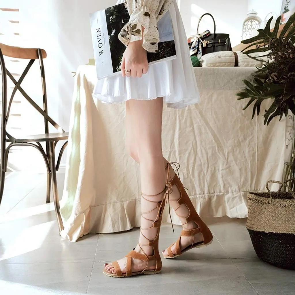 MIOKE Women Gladiator Knee High Flat Sandals Lace Up Crisscross Strappy Open Toe Summer Roman Boots Shoes