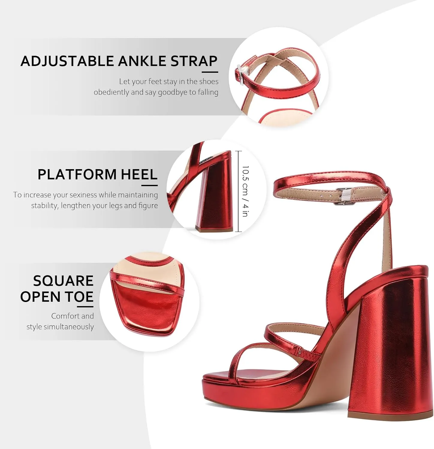 MIRAAZZURRA Platform Strappy Heel Sandals Square Open Toe Two Strap Chunky High Heeled Sandals with Buckle Ankle Strap for Women Party Wedding Dress