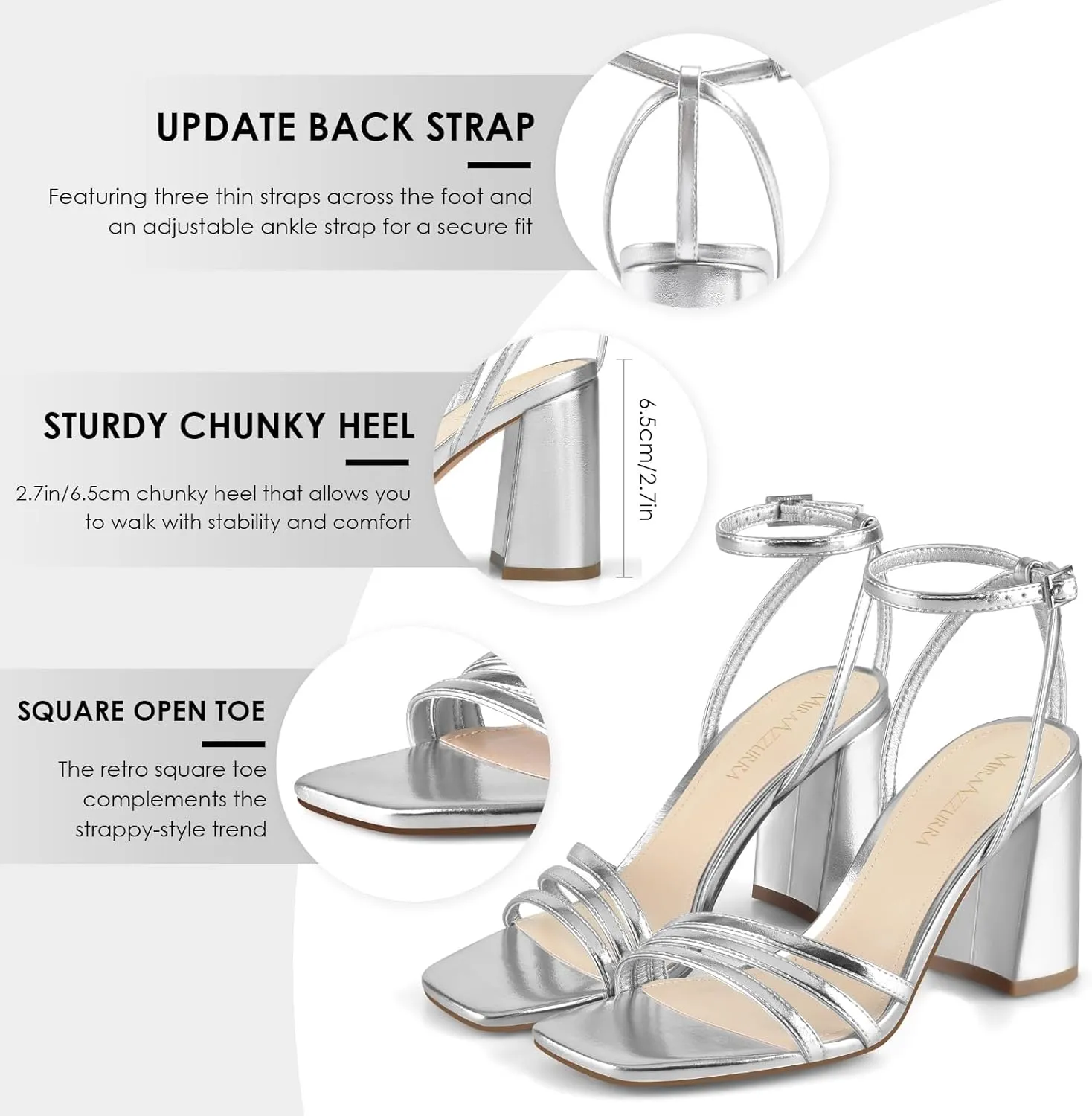 MIRAAZZURRA Womens Heeled Sandals, Square Open Toe Chunky Block Heels with Ankle Strap, for Women Daily Party Dress Comfortable Heels