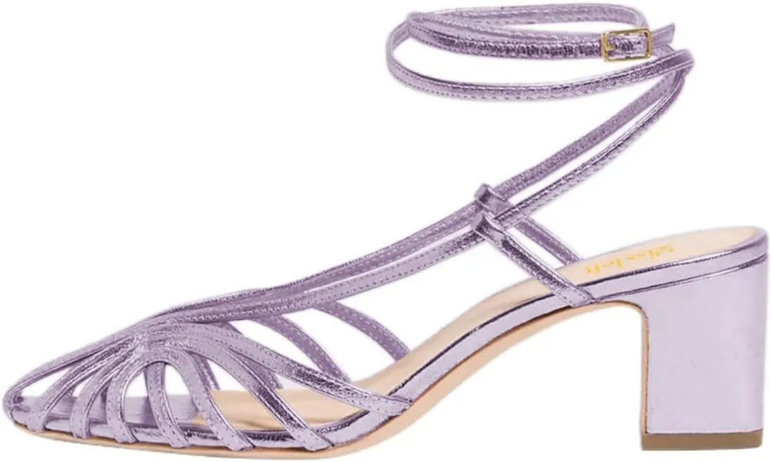 miss left Women Chic Caged Toe Chunky Mid Heel Cutout Sandals Strappy Ankle Strap Buckle Elegant Prom Evening Dress Shoes Size 4-16 US
