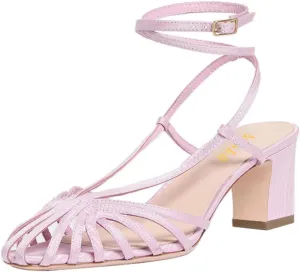 miss left Women Chic Caged Toe Chunky Mid Heel Cutout Sandals Strappy Ankle Strap Buckle Elegant Prom Evening Dress Shoes Size 4-16 US