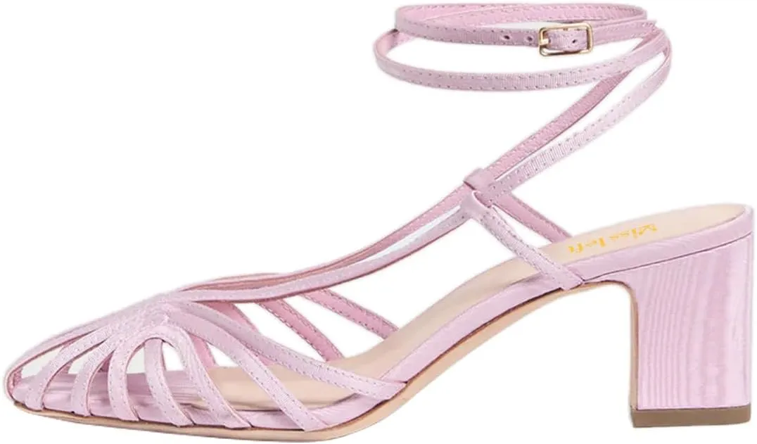 miss left Women Chic Caged Toe Chunky Mid Heel Cutout Sandals Strappy Ankle Strap Buckle Elegant Prom Evening Dress Shoes Size 4-16 US