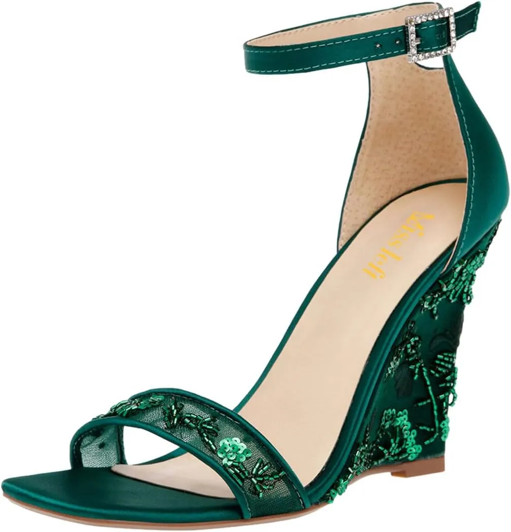 miss left Women Wedge Heel Sandals with Ankle Strap Embroidery Lace Open Toe High Heel Pumps Elegant Evening Shoes Size 4-16 US