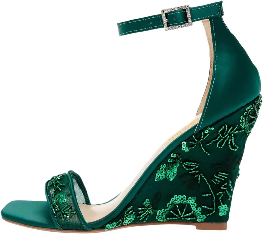 miss left Women Wedge Heel Sandals with Ankle Strap Embroidery Lace Open Toe High Heel Pumps Elegant Evening Shoes Size 4-16 US