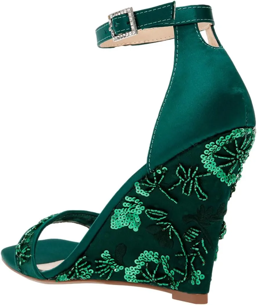 miss left Women Wedge Heel Sandals with Ankle Strap Embroidery Lace Open Toe High Heel Pumps Elegant Evening Shoes Size 4-16 US