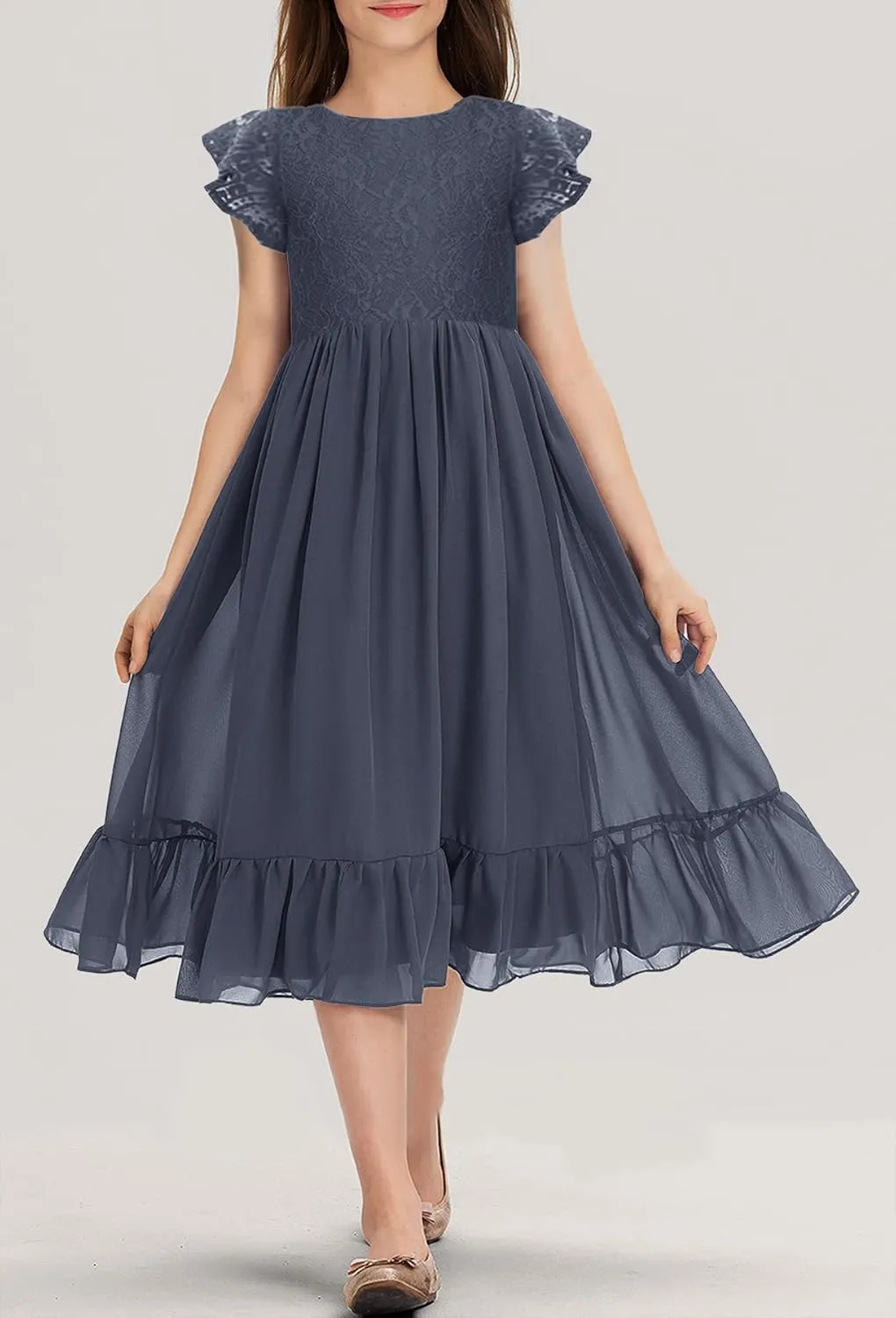 MITILLY Girls Elegant Lace Flower Crew Neck Ruffle Chiffon A-Line Flowy Birthday Party Midi Dress