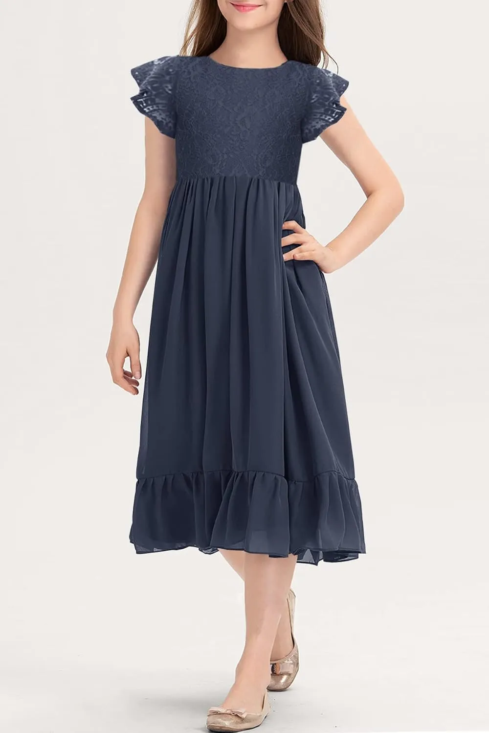 MITILLY Girls Elegant Lace Flower Crew Neck Ruffle Chiffon A-Line Flowy Birthday Party Midi Dress