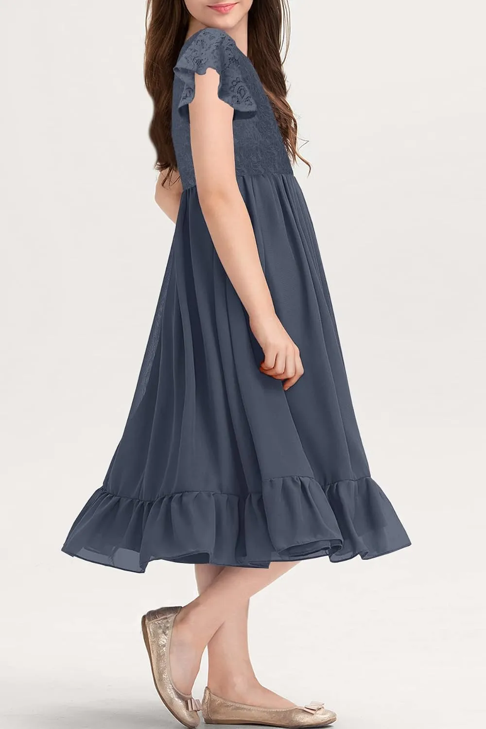 MITILLY Girls Elegant Lace Flower Crew Neck Ruffle Chiffon A-Line Flowy Birthday Party Midi Dress