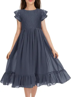 MITILLY Girls Elegant Lace Flower Crew Neck Ruffle Chiffon A-Line Flowy Birthday Party Midi Dress