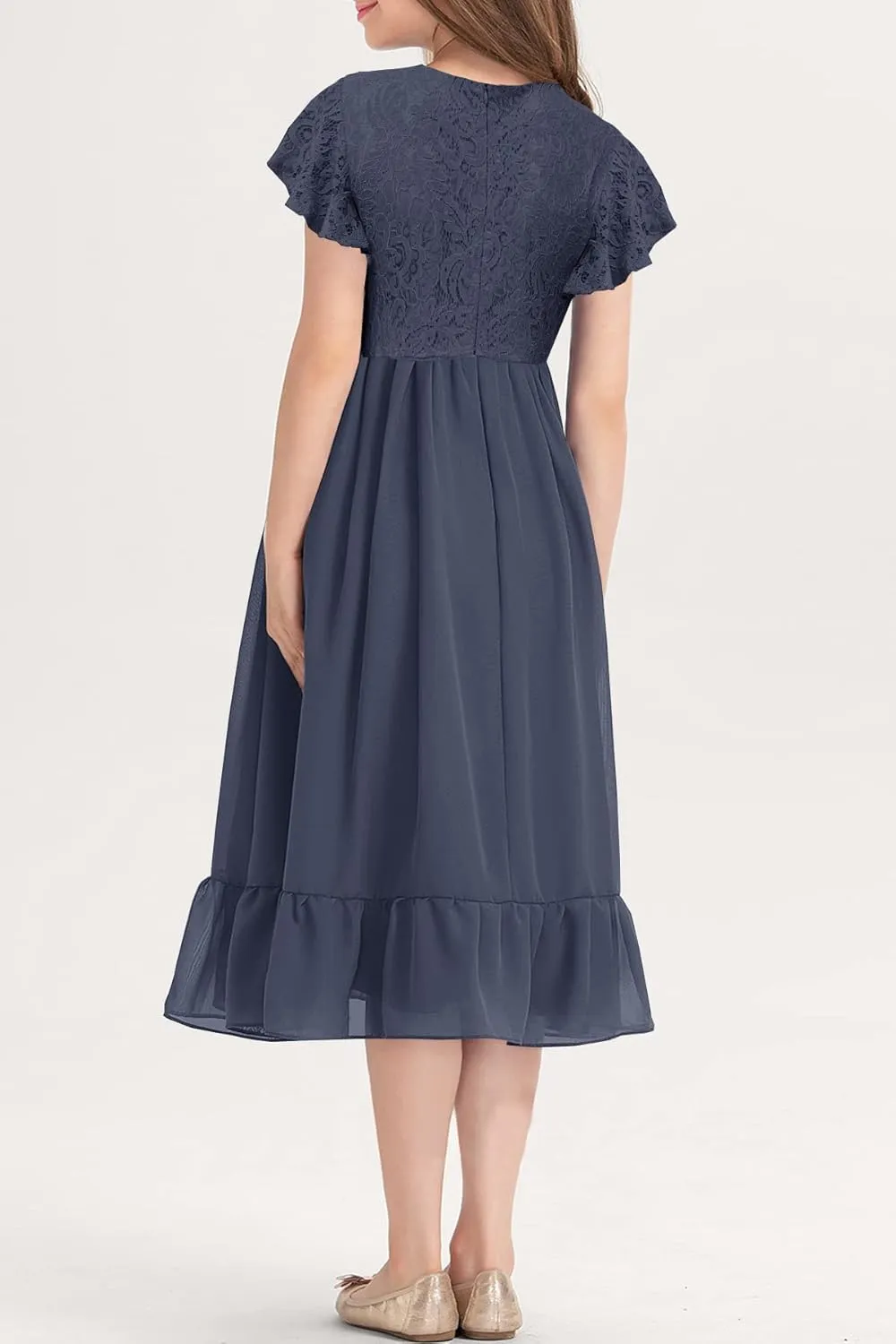 MITILLY Girls Elegant Lace Flower Crew Neck Ruffle Chiffon A-Line Flowy Birthday Party Midi Dress