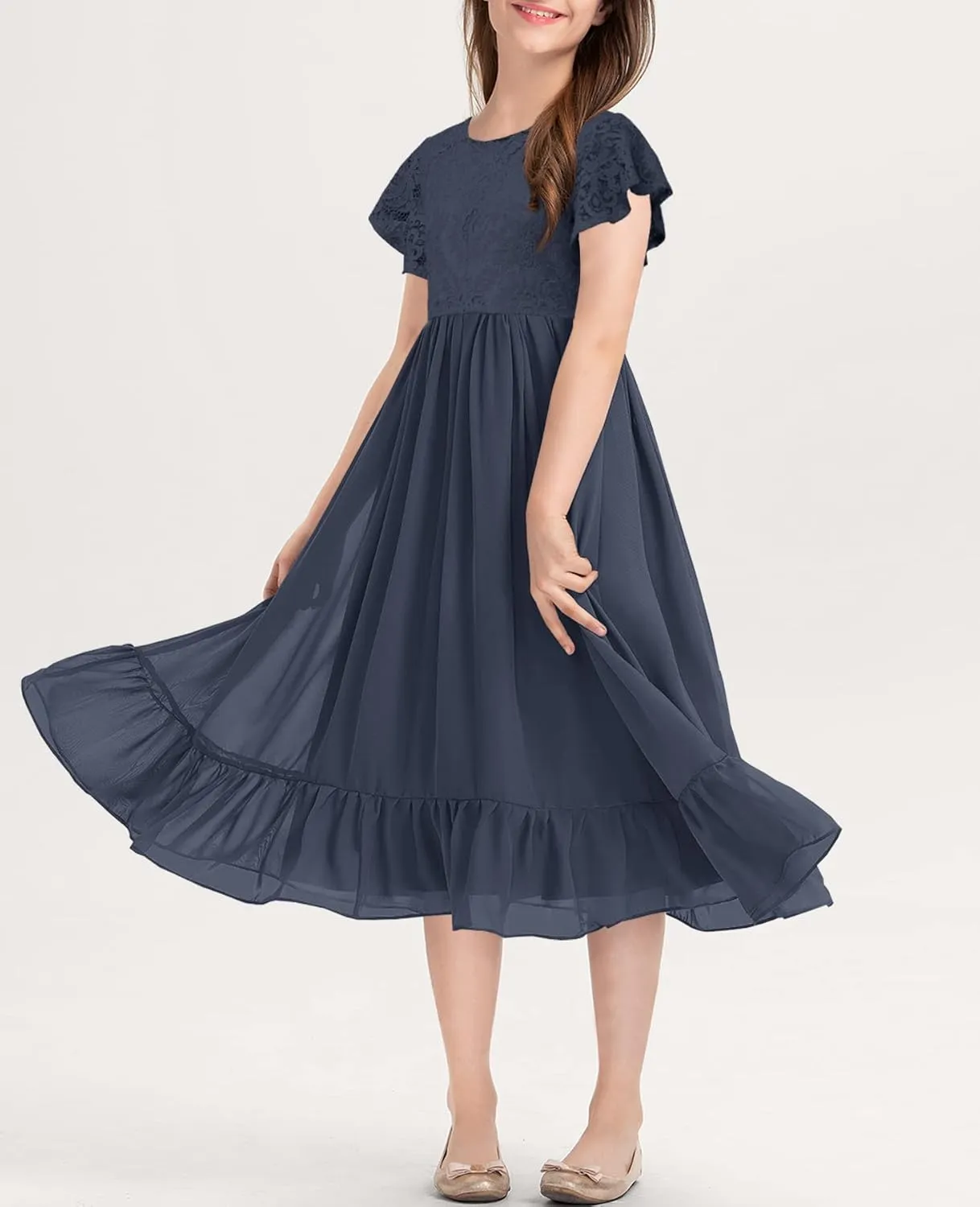 MITILLY Girls Elegant Lace Flower Crew Neck Ruffle Chiffon A-Line Flowy Birthday Party Midi Dress