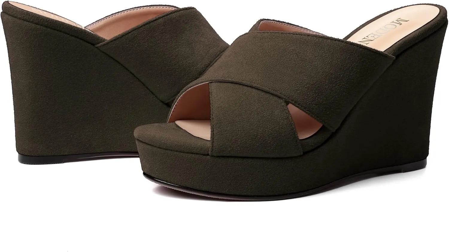 MODENCOCO Womens Suede Platform Slip On Open Toe Dressy Sexy Party Wedge High Heel Heeled Sandals 4 Inch