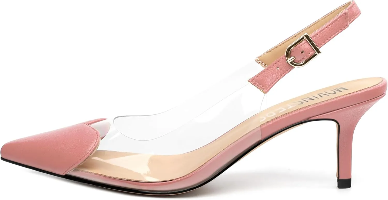 MOVINSTEPS Low kitten Heels for Women Clear Slingback Pointed Closed Toe Heeled Sandals Cute Elegant Sexy Dress Shoes 2.4 Inch