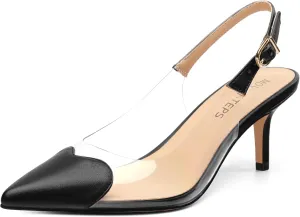 MOVINSTEPS Low kitten Heels for Women Clear Slingback Pointed Closed Toe Heeled Sandals Cute Elegant Sexy Dress Shoes 2.4 Inch