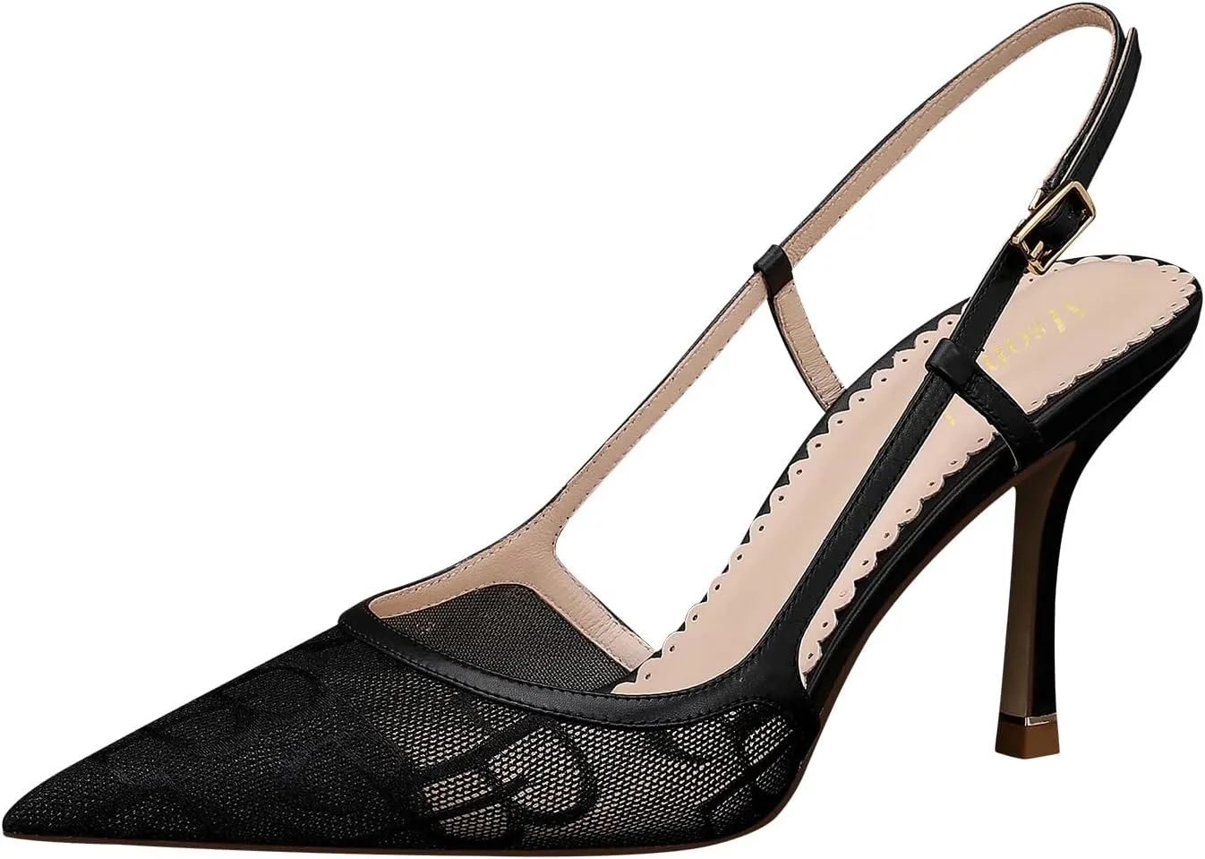 MSONLYDN Ladies Heels Strap Sandals Comfort Open Heels Mesh Leather Shoes Women Closed Pointed Toe Elegant Stiletto Heels 3.27inch