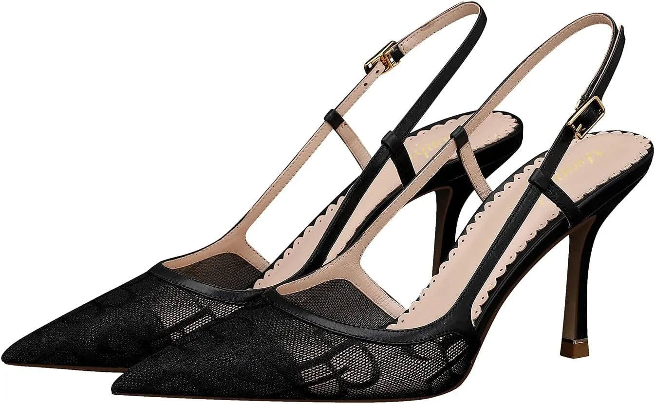 MSONLYDN Ladies Heels Strap Sandals Comfort Open Heels Mesh Leather Shoes Women Closed Pointed Toe Elegant Stiletto Heels 3.27inch