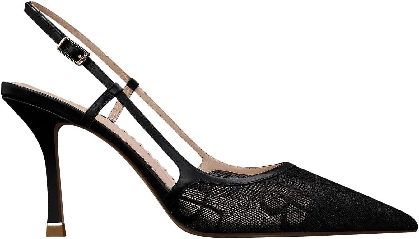 MSONLYDN Ladies Heels Strap Sandals Comfort Open Heels Mesh Leather Shoes Women Closed Pointed Toe Elegant Stiletto Heels 3.27inch